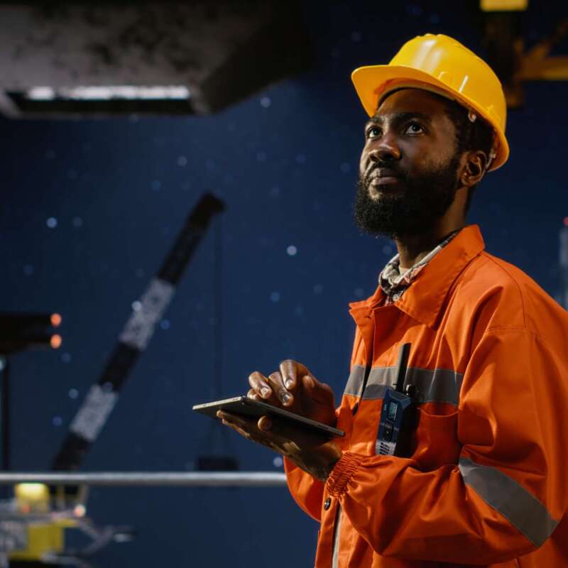 Industrial engineer inspect offshore drilling rig systems using tablet to monitor emissions while extracting natural gas and petroleum. Ensuring efficient oil production for the industry.
